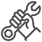 A simple black line drawing of a hand grasping a large wrench, symbolizing repair, maintenance, or technical work.